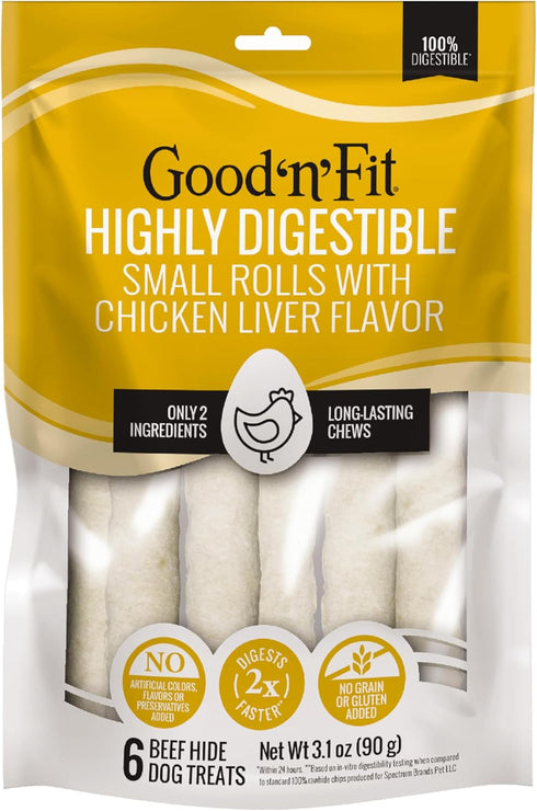 Good ‘n’ Fit Rolls Made with Real Chicken Liver Flavor, 6 Small Rolls, Treat Your Dog to Long-Lasting and Highly Digestible Rawhide Chews...