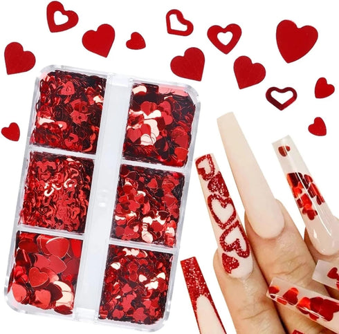6 Grids Heart Nail Sequins 3D Holographic Nail Glitter Flakes Acrylic Nail Art Supplies Red Love Hearts Shaped Nail Glitter Sequins Valentine's Da...