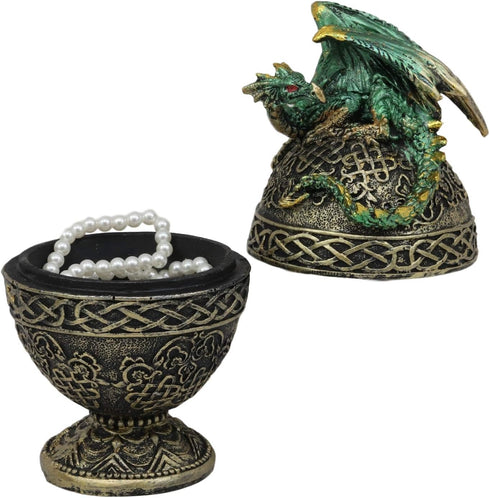 Ebros Gift Green Dragon Perching On Celtic Knotwork Tattoo Relic Golden Egg Decorative Jewelry Box Figurine 6.25" High Fantasy Myths Legends Dunge...