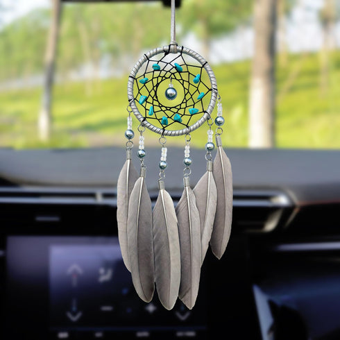 Small Dream Catchers for Cars Rear View Mirror, Handmade Car Charm Pendant Gray Feather and Turquoise Dream Catcher for Car Wall Bedroom Hanging D...