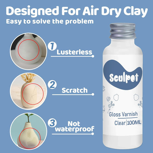 Clay Varnish for Air Drying Clay, 100ML Gloss Finish Air Dry Clay Glaze, High Gloss & Waterproof, and Scratch Resistant, Design for Air Dry Clay P...