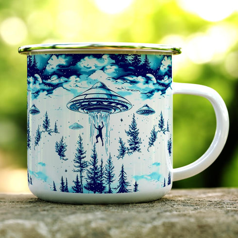 UFO Alien Abduction Extraterrestrial Paranormal Enamel Camp Mug, Outdoor Camping Campfire Coffee Cup (12oz)...