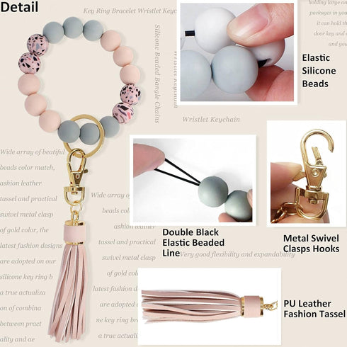 BIHRTC Keychain Bracelet Silicone Key Ring Wristlet with Leather Tassel Wrist Key Ring Bangle Silicone Bead keyring for Women Girls...