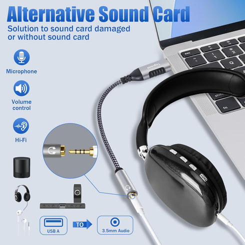 USB 3.0 Male to 3.5mm TRRS 4-Pole Female Headphone Jack Adapter, USB-A to Aux Audio Dongle Cable Cord, External Sound Card Converter for Headset, ...