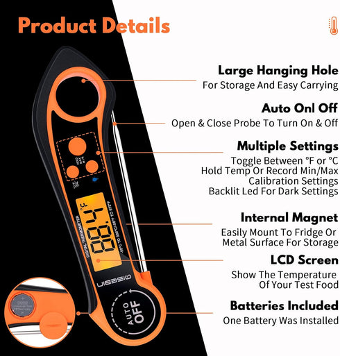 Digital Meat Thermometers for Cooking Grilling - IPX7 Waterproof Instant Read Food Thermometer for Meat, Deep Frying, Baking, Outdoor & BBQ (Orang...