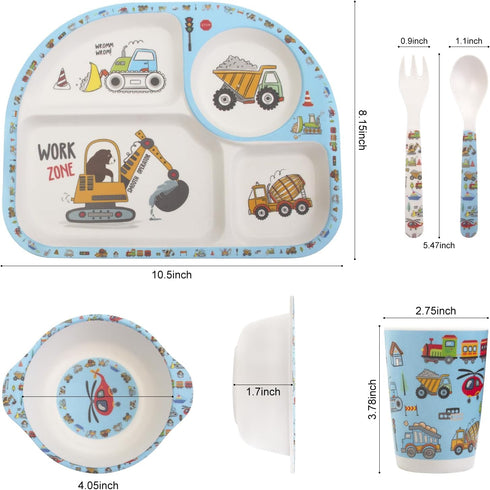 Kids Feeding Set 5 Pcs, Tableware Set for Toddlers Includes Plate Bowl Cup Fork and Spoon Utensil Flatware, Kids Flatware Set Dishwasher Safe, BPA...