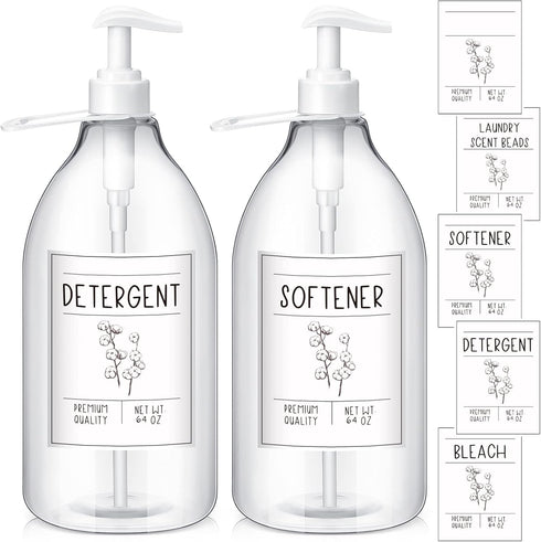 2 Pcs Laundry Soap Dispenser 64 oz Liquid Laundry Detergent Dispenser Plastic Laundry Detergent Container Fabric Softener Dispenser with Pumps Cap...