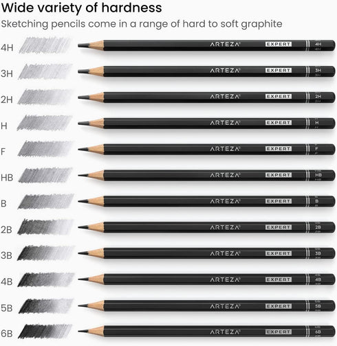 Arteza Professional Drawing Sketch Pencils Set of 12, Medium (6B - 4H), Art Supplies for Drawing Art, Sketching, Shading, Artist Pencils for Begin...