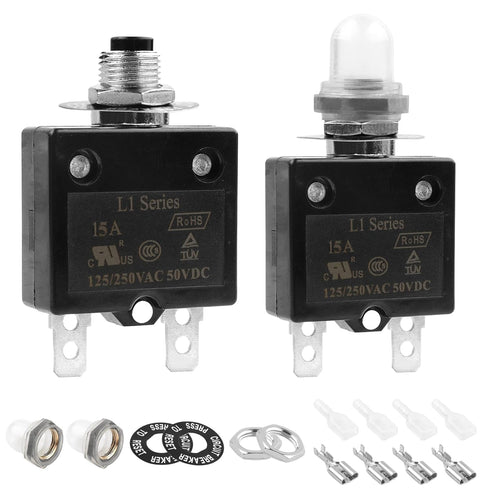 10A Manual Reset Button Circuit Breaker 2 Pack 125/250V AC 50V DC Thermal Overload Protector with Quick Connect Terminals and Waterproof Button Ca...