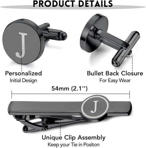 IRONBOX Initial Cufflinks and Tie Clip Set for Men Personalized Black Cuff Links and Tie Bar Letter Alphabet A-Z Gift with Box for Father Husband ...