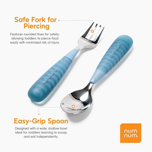 NumNum Toddler Utensils, Pre-Spoon, Fork & Spoon GOOtensils - 4th Stage Silverware Feeding Kids Aged 2+ Years w/Stainless Steel Heads - Silicone F...