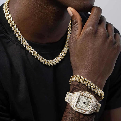 Diamond Watch for Men Guys Iced Out 20MM Wide Wristband 18k Real Gold/White Gold Platinum/Rose Gold/Rhodium Black Plated, Cuban Link Chain Set Opt...