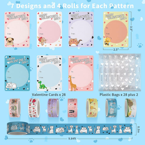 Valentines Cards for Kids Classroom,28 Pack Valentines Day Cards for Kids with Cute Animal Washi Tape , DIY Crafts Washi Tape Kit for Gift Wrappin...