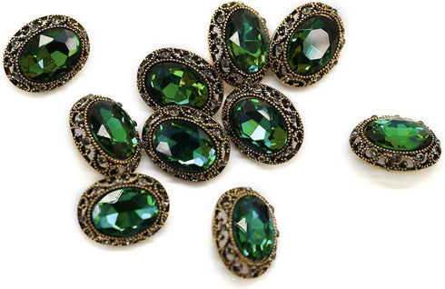 10 pcs Whole Oval Cut Green Rhinestone Vintage Copper Hollow Metal Shank Sewing Coat Buttons -25mm -1"...