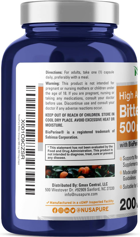 NusaPure Bitter Orange 500mg 200 Veggie Caps (Vegetarian, Non-GMO, Gluten Free) Bioperine...