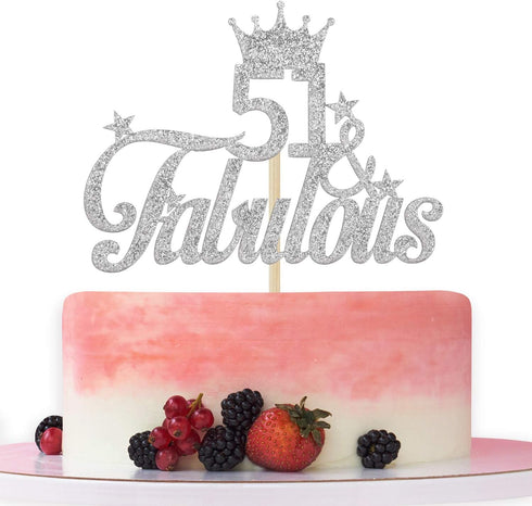 Silver Glitter 51 & Fabulous Cake Topper - 51st Birthday Cake Decorating - Happy 51st Anniversary/Birthday Party Decoration Supplies...