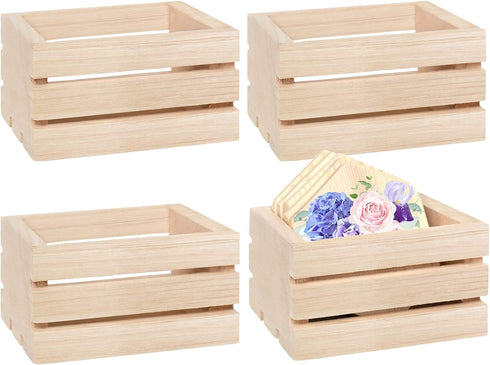 4 Pack Mini Rustic Wooden Crates, Decorative Wood Crates Unfinished Wood Box, Crate Box Wooden Storage Box for Kitchen, Office, Bedroom, Closet, R...