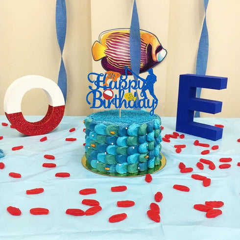 Glorymoment Fishing Cake Toppers Birthday, Glitter Blue Bobber Cake Topper, Fisherman Cake Topper Birthday Fishing Themed Party Cake Decoration Su...