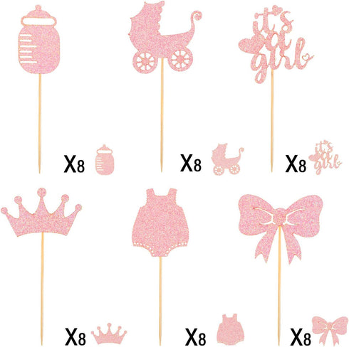 48 Pieces Baby Shower Cupcake Toppers for Girls Glitter Pink Baby Girl Food Picks Baby Shower Toothpicks for Girls Birthday Cake Decorations Party...