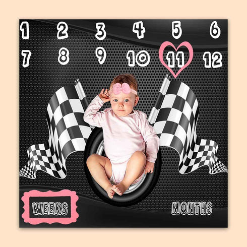 Racing Baby Monthly Milestone Blanket, Boy Racer Car Tires Black White Checkered Flag, Newborns 1 to 12 Months Unisex Include 4 Frames and 1 Headb...