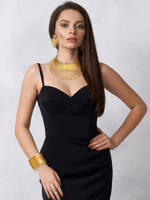 Yinkin 4 Pcs African Choker Necklace Earrings Bangle Set Statement Tooth Shape African Jewelry Sets for Women Tribal Jewelry(Gold)...