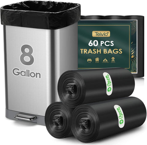8 Gallon 60 Counts Strong Trash Bags Garbage Bags by Teivio, Bathroom Trash Can Bin Liners, Medium Plastic Bags for home office kitchen, Black...