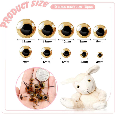 TOAOB 100pcs Yellow Glass Eyes Kits 3mm to 12mm Assorted Sizes for Crafts Needle Felting Bears Dolls Decoys Sewing...