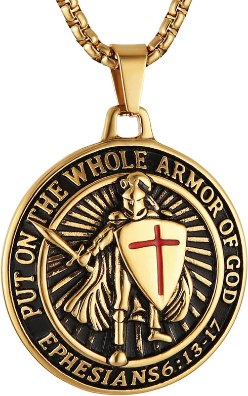 HZMAN Knights Templar Put On The Whole Armor of God Ephesians 6:13-17 Red Cross Design Stainless Steel Necklace for Men...