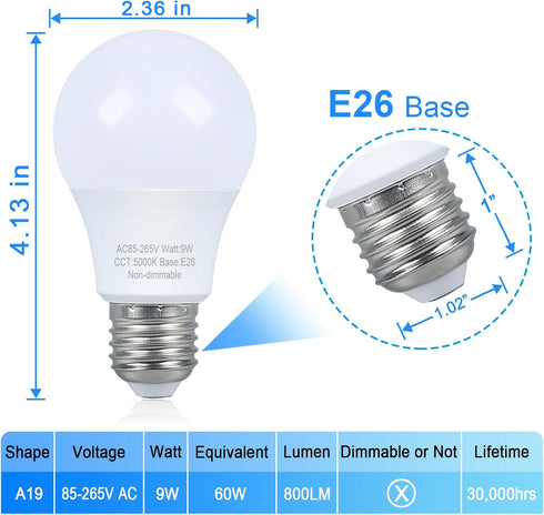 4 Pack LED Light Bulbs 60 watt Equivalent, Daylight 5000K, A19 Standard Light Bulbs, E26 Medium Base, Non-Dimmable...