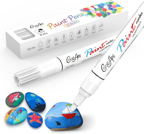 White Paint Pens Paint Markers, 2 Pack Oil Based Permanent Markers With 2-3mm Medium Point Tip For Rock Painting, Wood, Plastic, Metal, Canvas, Mu...