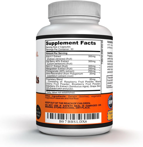 Super Antioxidant Supplement - Goji Berry Capsules, Acai Berry Capsules, Mangosteen Capsules, Resveratrol, Pomegranate & Noni Capsules - 60 Capsul...