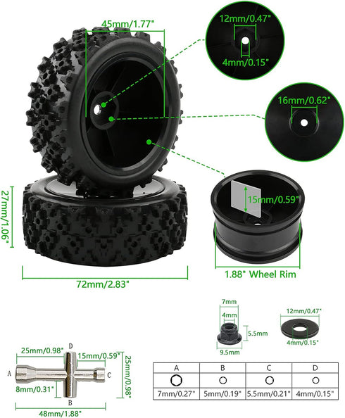 4pcs 1/10 On-Road Wheels and Tires 12mm Hex Black Hard Dish Wheel and Rally Block Tyre for Street Racing Car Kyosho Tamiya Traxxas HPI etc, with L...
