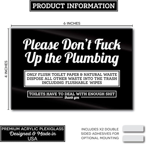 Funny Do Not Flush Sign for Bathroom, 6x4 Please Dont F Up the Plumbing Funny Bathroom Signs, Acrylic Please Do Not Flush Anything Except Toilet P...