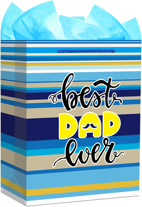 FaCraft Fathers Day Gift Bag - 13" Large Happy Father's Day Gift Bags with Tissue Paper Best Dad Ever Paper Bag with Handle for Dad Stepdad Grandf...
