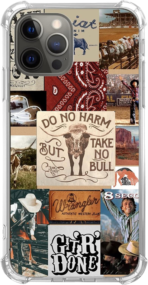 Retro Western Cowboy Collage Case Compatible with iPhone 15 Pro, Cool Boho Wild West Bull Case for Teens Men and Women, Trendy Soft TPU Bumper Cas...