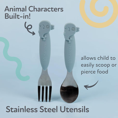 Nuby Animal Friends Silicone and Stainless Steel Fork and Spoon Set - 12+ Months - Blue Whale...