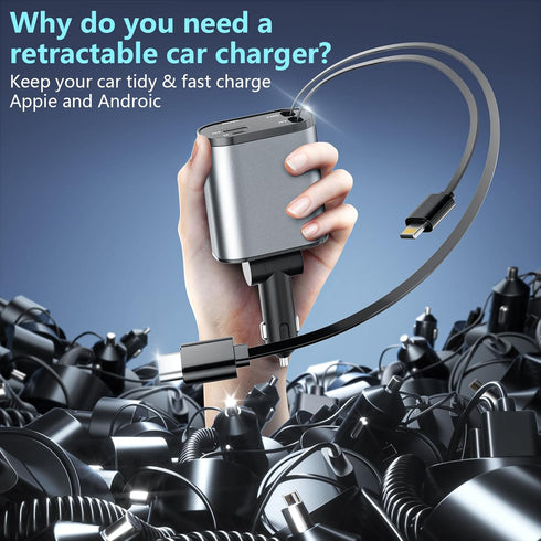 Retractable Car Charger, 4 in1 Fast Car Phone Charger 120W, 2.7Ft Retractable Cables and 4 Electronic Ports, Car Charger Compatible for iOS & Andr...