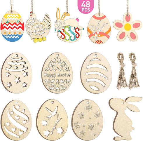 Wooden Eggs 48 Pieces Easter Crafts Wooden Ornaments Unfinished Crafts Hanging Embellishments for Party Supplies DIY Decor Valentines Day Cards fo...