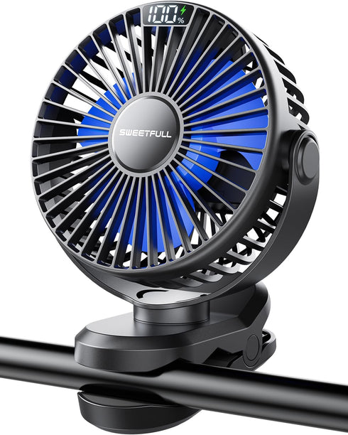 SWEETFULL Portable Clip on Fan - Battery Operated Stroller Fan, 4000mAh Small Rechargeable Fan with LED Display, 4 Speeds, Mini Personal Cooling D...