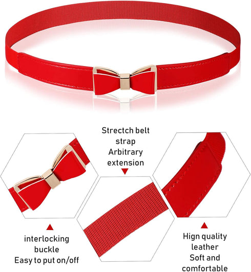 6 Pieces Women Skinny Waist Belts Stretch Waist Buckle Belts Thin Elastic Waist Cinch Belts Retro Faux Leather Waist Band with Metal Buckle for Wo...