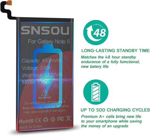 Galaxy Note 5 Battery, Upgraded SNSOU 4500mAh EB-BN920ABE Replacement Battery for Samsung Galaxy Note 5 SM-N920 N920V N920T N920A N920P N920R4 N92...