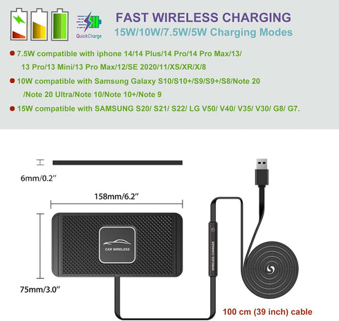 Wireless Charger Car Chargng pad 15W Fast Wireless Phone Charger Cell Phone Cordless Charger Charging mat Compatible with iPhone 11/12/12/14/15 Se...