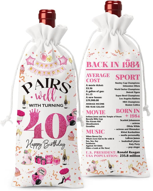 40th Birthday Gifts Women Men Wine Bag, 40 Year Old Birthday Gifts for Women Men, Happy 40th Birthday Party Decorations Woman Man, Pairs Well with...