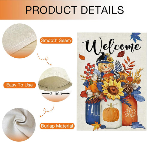 Welcome Fall Scarecrow Pumpkin Sunflower Garden Flag Double Sided, Autumn Harvest Mason Jar Decorative Yard Outdoor Home Small Decor, Maple Leaves...