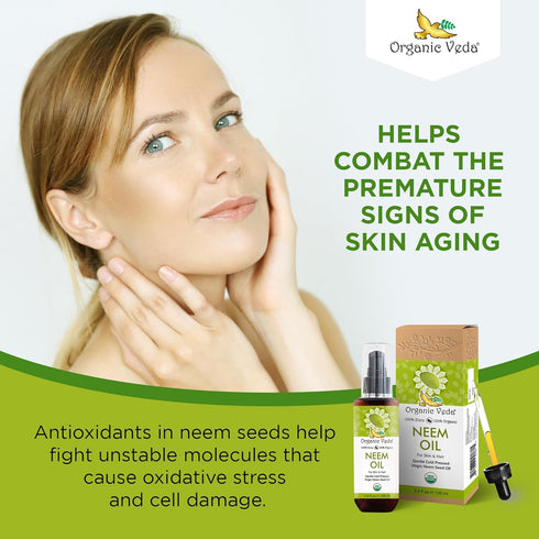 Organic Veda Neem Oil - Pure, Cold Pressed & Organic Neem Oil for Skin, Hair, Face, Body, Scalp - Natural Moisturizer, Virgin Neem seed oil - Rich...