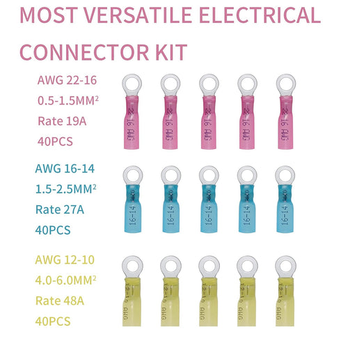 120 Pcs 10#, 22-16 16-14 12-10 AWG Heat Shrink Ring Wire Connector Terminals Kit, Electrical Connectors - - Automotive Marine Ring Connectors...