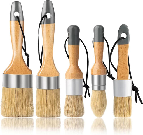 YiBaiBrush-Chalk Paint Brush, Wax Paint Brush Set of 5, Wax Brushes and Chalk Paint for furniture DIY Art Crafts, Natural Bristle Round Oval Chalk...