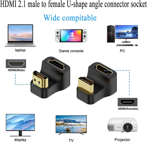 QIANRENON HDMI 2.1 U Shape Angle Display Adapter 8K HDMI 2.1 Male to Female 180° Angle Ultra HD Connector Socket 3D 8K@60Hz UHD2.1, for HDTV Lapto...