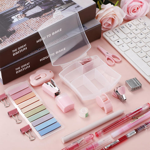 Mini Office Supply Kit Includes Stapler Tape Dispenser Staple Remover Paper Clips Scissor Staples Pen Sharpener Note Small Telescopic Knife for Of...