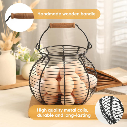 Egg basket-Farmhouse Round Wire Egg Baskets for Fresh Egg With Handle,Metal Egg Collecting Basket for Gathering Fresh Egg,Basket for Countertop Ho...